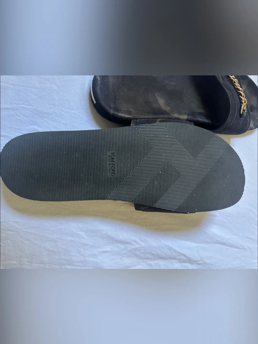 Tom Ford Gold Chain Accent Green Black Camouflage Men’s Slide Sandals Size 12T